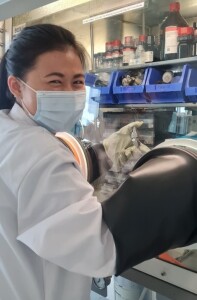 Ivone was doing lithium Swagelok cell assembly in the glove box for the first time, LRCS, Amiens, France
