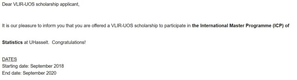 Potongan email pemberitahuan hasil beasiswa VLIR-UOS.