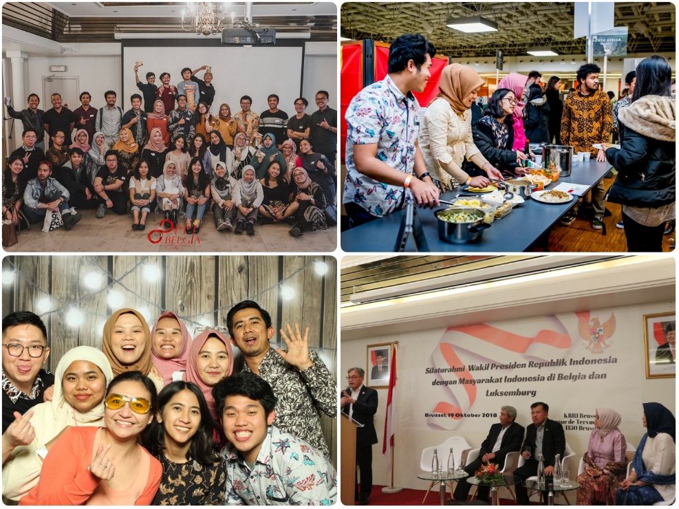 Kegiatan welcoming PPI Belgia (kiri atas); PPI Hasselt di World Evening (kanan atas); Foto bersama PPI Hasselt (kiri bawah); dan Kunjungan Bapak Wakil Presiden Indonesia saat itu ke Kedutaan Besar Indonesia di Belgia.