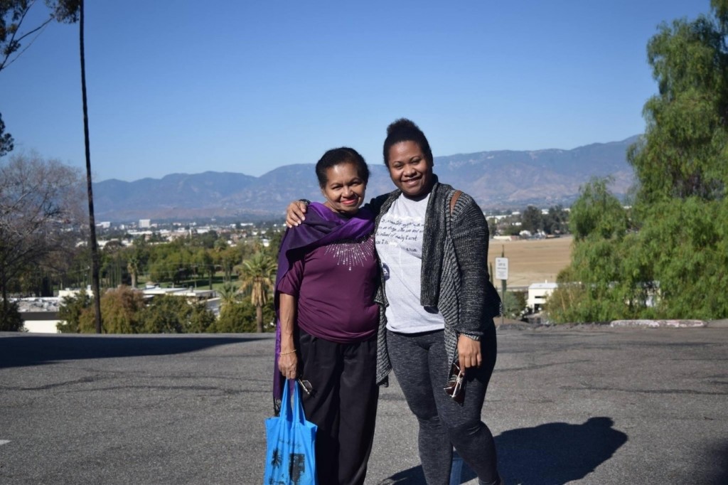 My Aunty and I in Loma Linda University with Big Bear Mountain in the background.